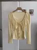 KEKEZOON Camiseta Manga Longa Feminina Patchwork de Renda com Bolinhas e Cordão Falso Duas Peças Doce Slim Fit Outono Inicial 9073