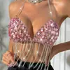 AYJ Ropa de Club Nocturno Transfronteriza para Mujer Cuello Halter Empalme de Pedrería Cadena Metálica Borla Espalda Descubierta Sexy Top Y213