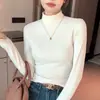 H337 Blusa Básica Confortável de Gola Alta Parcial para Mulheres, Tricô Nervurado de Gola Média, Elegante Top Quente de Manga Longa para Outono e Inverno