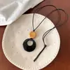 Colar Pingente Anel Longo de Vidro Preto para Mulheres, Estilo Chinês Novo Vintage, Acessório de Alto Padrão, Corrente para Suéter de Luxo Leve