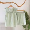 Pijama Curto de Gaze de Algodão Puro com Manga Curta para Mulheres, Doce Laço de Renda Conjunto de Roupa de Casa Fina de Algodão para Verão