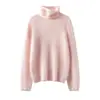 Suéter de cachemira pura 2026 otoño e invierno nuevo estilo para mujer, color liso, cuello alto, camiseta base, estilo suave, suéter holgado y adelgazante