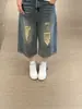 Jeans crop vintage lavados rasgados estilo coreano para mujer, pantalones rectos casuales holgados de pierna ancha de cintura alta adelgazantes para verano