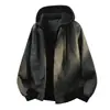 Nueva Chaqueta de Cuero PU Falsa de Dos Piezas con Capucha para Hombre, Chaqueta de Motociclista Biker, Estilo Coreano Retro Nostálgico de Cuero Streetwear Americano