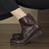 Botas Chelsea de couro de cavalo vintage lavadas artísticas feitas à mão 2024 inverno salto baixo grosso zíper traseiro bico redondo botas de couro para mulheres