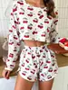 Pijama de Mujer Transfronterizo Amazon 2026 Otoño/Invierno Estampado Manga Larga Pantalones Cortos Ropa de Casa Casual Conjunto de Dos Piezas