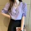 Camisa de Manga Curta com Decote V Nova de Verão 2025 Roxo Sonho de Fada Slim Manga Bufante Top Estiloso Forro Casual de Férias