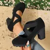 Tacones Altos Antideslizantes de Tira Cruzada Tallas Grandes Zapatos Casuales Individuales Europeos y Americanos Tira Cruzada Retro Suela Gruesa Tacón Grueso Zapatos de Mujer