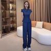 Calça Casual de Pernas Largas Popular Estilo Esportivo Conjunto Primavera e Verão Estilo Chinês Imitação de Jeans Top de Manga Curta Conjunto de Duas Peças Roupas Femininas