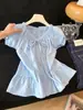 Camisa de Manga Corta con Cordones y Adorno de Encaje Francés para Mujer, Nueva Llegada de Verano, Dobladillo con Volantes Bordados, Top de Moda que Reduce la Edad