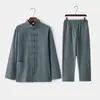 Traje Tang de Algodão e Linho Estilo Chinês Traje de Manga Longa Masculino Estilo Chinês Retrô Solto Dinastia Han Top Tai Chi Traje Zen Traje de Leigo