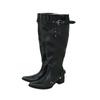 Botas de Cavaleiro Pretas Bico Fino para Mulheres 2025 Outono e Inverno Novas Botas de Neve com Salto Grosso Forradas com Veludo para Mulheres Cano Longo