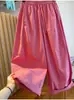 Roupas femininas plus size 150kg Verão versátil de caimento solto calça cropped de perna larga em rosa com design estiloso e cintura elástica