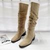Botas holgadas fruncidas estilo europeo y americano para mujer 2025 Otoño Punta cuadrada Caña alta Gamuza Tacón grueso Hasta la rodilla Tacón medio Sin cordones Botas largas