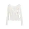 Camiseta Longa com Cadarço Tendência para Mulheres, Estilo Primavera e Outono, Design Único, Blusa Base Rosa com Decote Quadrado, Top Camada Interna