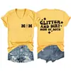Glitter e sujeira mãe Amazon Wish site independente moda casual feminina camiseta gola V manga curta