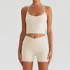 Conjunto de Sutiã Esportivo de Manga Curta com Gola Halter e Bolso para Corrida e Yoga Calça Longa e Curta para Mulheres