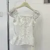 Camisa Dulce Floral de Mangas Abullonadas Ruoxin para Mujer, Estilo Francés de Verano con Adorno de Encaje, Plisada, Hombros Descubiertos, Blusa Babydoll