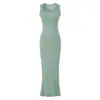 Vestido azul sin mangas de cuello cuadrado con temperamento para mujer, abertura en la espalda, corte ajustado, ceñido al cuerpo, sexy, que realza la cadera, vestido midi