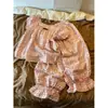 Elegante pijama francés pequeño de flores con mangas abullonadas para mujer, conjunto de ropa de casa de verano de manga larga y pantalón largo de talla grande, adecuado para salir.