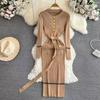 026 Outono/Inverno Estilo Francês Nova Moda Feminina High-End Gola Redonda Manga Longa Cinto na Cintura em B Vestido de Tricô Bodycon Slim Fit Vestido Longo