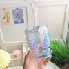 Copo de Vidro de Alto Acabamento com Design de Bambu, Canudo e Tampa, Copo Colorido de Bolinhas, Copo de Água para Bebidas de Nicho, Estilo Ins