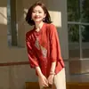 Camisa Feminina Bordada Verão Novidades Roupas de Verão Jacquard Algodão Linho Estilo Chinês Retro Botões de Sapo Gola Alta Manga Três Quartos Top