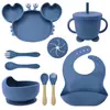 Juego de Alimentación para Bebé de Silicona de Grado Alimenticio de 9 Piezas, Plato con Ventosa de Cangrejo, Vaso Entrenador de Oso, Babero Impermeable, Kit Completo de Vajilla para Niños Pequeños Libre de BPA para Comer Solo