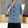 Chaqueta de Mezclilla Lavada Vintage para Hombre, Ropa China Estilo Zhongshan, Camisa de Manga Corta, Talla Grande Traje Tang con Cuello Alto