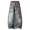 Jeans Vintage Americano com Estampa de Leopardo Impressa em 3D, Cintura Dupla e Perna Larga, com Design Único para Homens e Mulheres