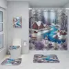 Cortina de Ducha Navideña con Papá Noel, Muñeco de Nieve y Reno, Juego de Cuatro Piezas, Escena Invernal con Cabaña y Árbol de Navidad, Cortina de Ducha Impermeable