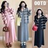 Nuevo Conjunto de Dos Piezas para Otoño e Invierno 2025: Suéter Holgado de Rayas con Cárdigan y Falda de Tirantes, Se Puede Usar Después del Parto, Traje de Maternidad Moderno para Mamá