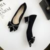 Sapatos de Salto Médio com Laço para Mulheres 2025 Novo Estilo Francês Super Macios Boca Rasa de Uma Perna Salto Grosso Profissional Salto Alto