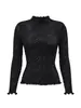 Top Base Camada Inferior Plissado com Gola de Madeira e Orelha de Pau Estilo Intelectual Miyake para Mulheres Outono Elástico Slim Fit Manga Longa Texturizada