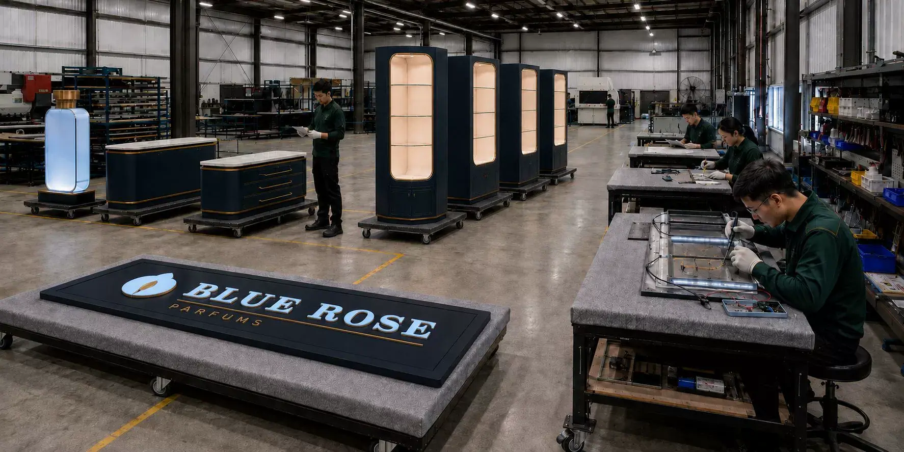MEN-SIGN综合制造车间：展示柜、灯箱、发光字与多工位装配测试｜Integrated signage and retail display manufacturing workshop
