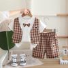 Roupa Infantil Verão Roupa Infantil Estilo Britânico Manga Curta Vestido de Um Ano Colete Xadrez para Bebê Laço Conjunto de Duas Peças