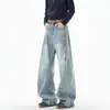 Calça jeans estilo americano com listras laterais, unissex, modelagem solta, design patchwork, calça longa de perna curva, retrô e moderna, com um design distinto