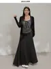 Julu Studio Conjunto de Mujer Tallas Grandes Estilo Coreano Camisola Rayada Relajada Elegante Cárdigan Falda de Cintura Alta Tallas Grandes