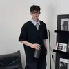 Camiseta Falsa de Dos Piezas con Estilo de Diseñador Único, Parche de Marca de Moda, Cuello Campana, Manga Corta, Cuello de Camisa de Alta Gama, Polo de Manga Corta Holgado Fresco y Elegante