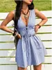 Vestido europeo y americano transfronterizo sin mangas con cuello en V y cintura con cordón, vestido corto a rayas para vacaciones, ropa casual elegante para mujer para la playa