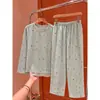 Conjunto de pijama de manga larga con estampado de estrellas color verde menta estilo coreano para mujer, nueva colección otoño 2026, pantalón largo, adecuado para usar en casa o como ropa exterior