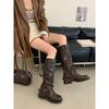 Botas Longas Franzesas de Salto Grosso Plataforma com Fivela de Cinto Franzidas 2025 Nova Doce Cool Picante Menina Botas Empilhadas Botas de Cavaleiro