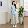 Roupas de Verão para Maternidade 2026: Blusa de Maternidade de Algodão e Linho com Manga Flare, Top de Maternidade, Calça Wide-Leg com Suporte para Barriga de Bolinhas