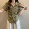 Diseño chica regordeta Verano Nuevo Simple Plisado Versátil Cuello Polo Corte Entallado Adelgazante Manga Corta Top de Nicho para Mujer