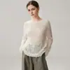 Suéter feminino de cashmere com design vazado, acabamento em lantejoulas, gola redonda, perfeito como camada base para outono e inverno, novo estilo de moda, versátil, cor sólida e top elegante
