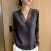 Camisa feminina de manga comprida com decote em V estilo francês, nova coleção outono 2026, estilosa, modeladora, versátil, com patchwork de tule, top elegante, moderno
