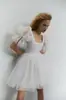Vestido de noche con escote cuadrado de satén y mangas abullonadas para cubrir los brazos, adecuado para bailes de graduación europeos y americanos, ceremonias de compromiso, fotografía de viajes y como vestido corto con falda voluminosa para mujer