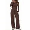 2026 Conjunto casual de dos piezas para mujer, de manga larga, pierna ancha, cuello redondo, corte ajustado, transfronterizo europeo y americano de Amazon, en stock