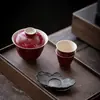 Langhong Cuenco Dorado con Tapa Set de Té Kung Fu Cerámica Imitación Cuenco de Té Dorado Hogareño Estilo Chino Rojo Cuenco de Té Principal