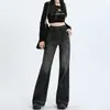 Jeans Preto Solto Wide-leg Micro Flare Feminino Outono 2024 Novo Cintura Alta Emagrecedor Barra Reta Calças Retas